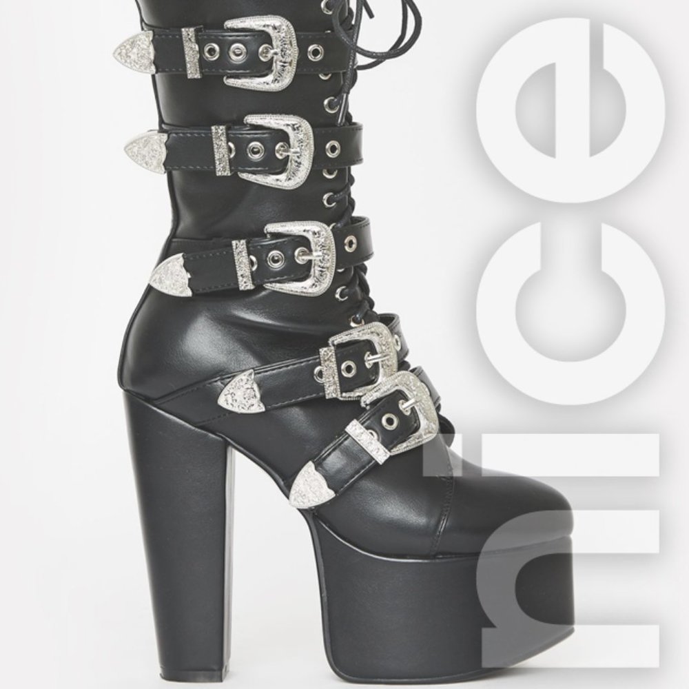 LAMODA WARNINGS BUCKLE LACE UP BOOTS